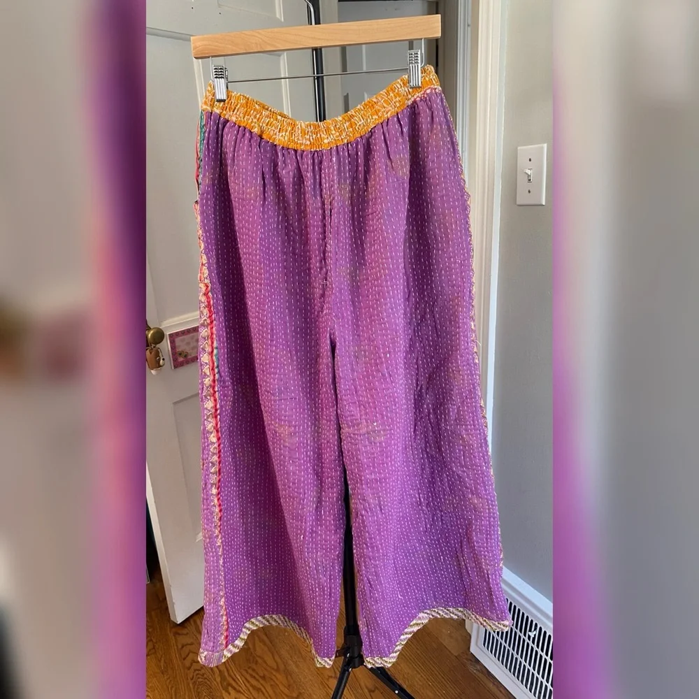 Kantha Patchwork Pants • Reversible Vintage Sari • Boho Wide Leg • OSFM - Picture 5 of 8